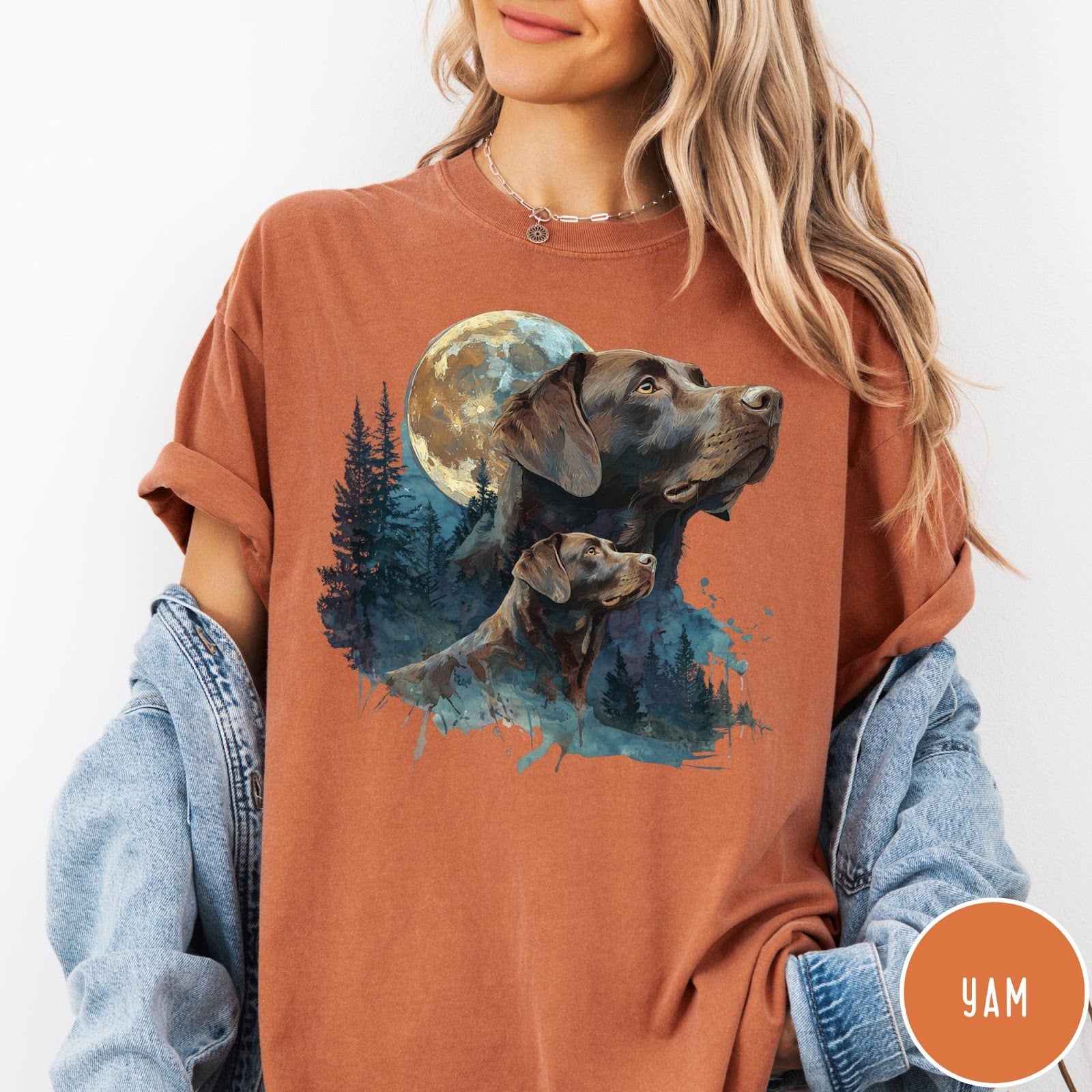 Comfort Colors tee in Yam featuring vintage style graphic of two Chocolate Labradors under a full moon