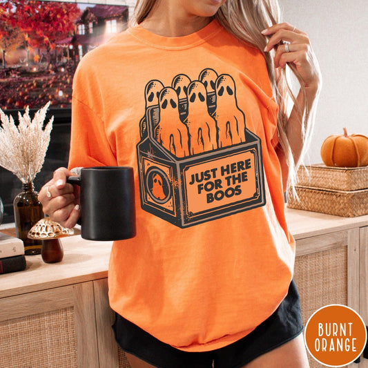 Comfort Colors tee in Burnt Orange featuring vintage style graphic of ghosts in a milk carton crate
