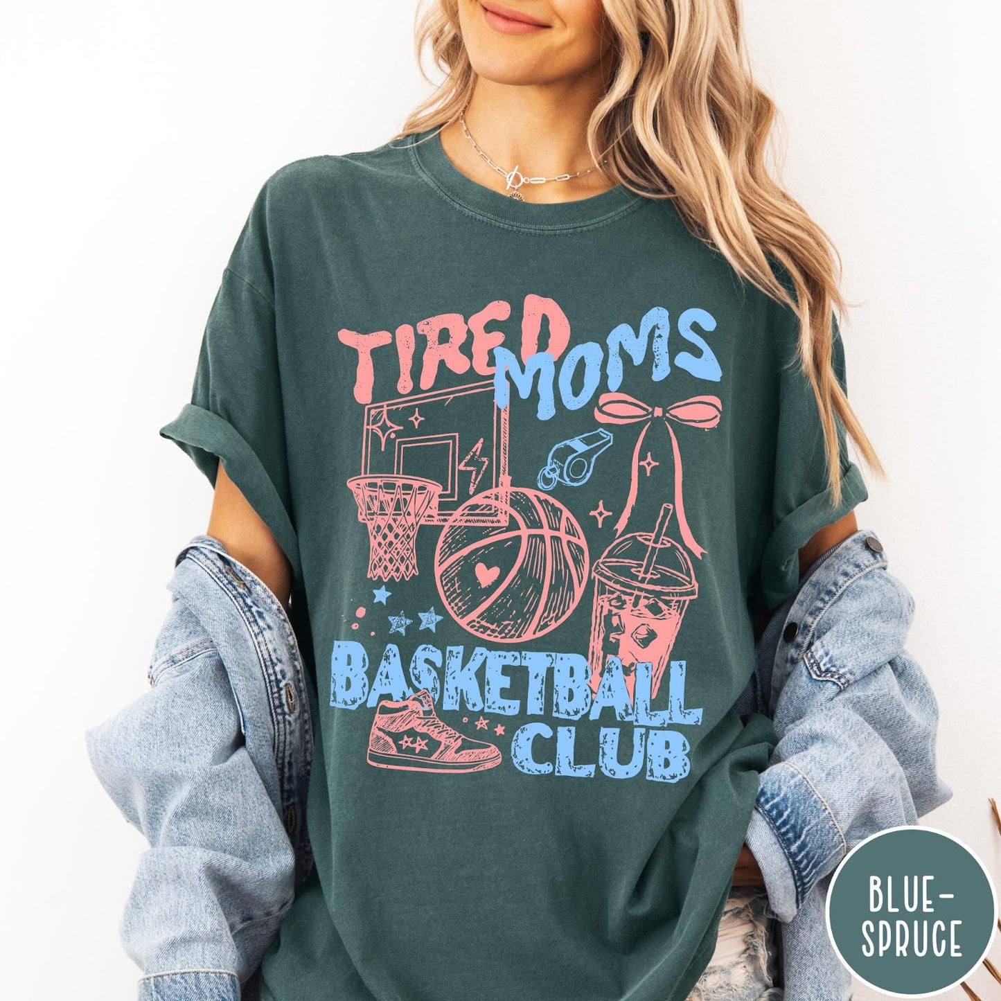 Comfort Colors tee in Blue Spruce featuring basketball mom life graphic with hoop, ball, and sneakers