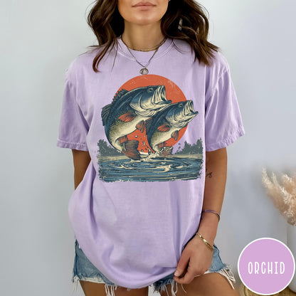 Comfort Colors tee in Orchid featuring vintage style graphic of two bass fish jumping from water
