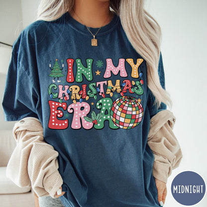 Comfort Colors tee in Midnight featuring Christmas disco style graphic with festive tree and colorful disco ball
