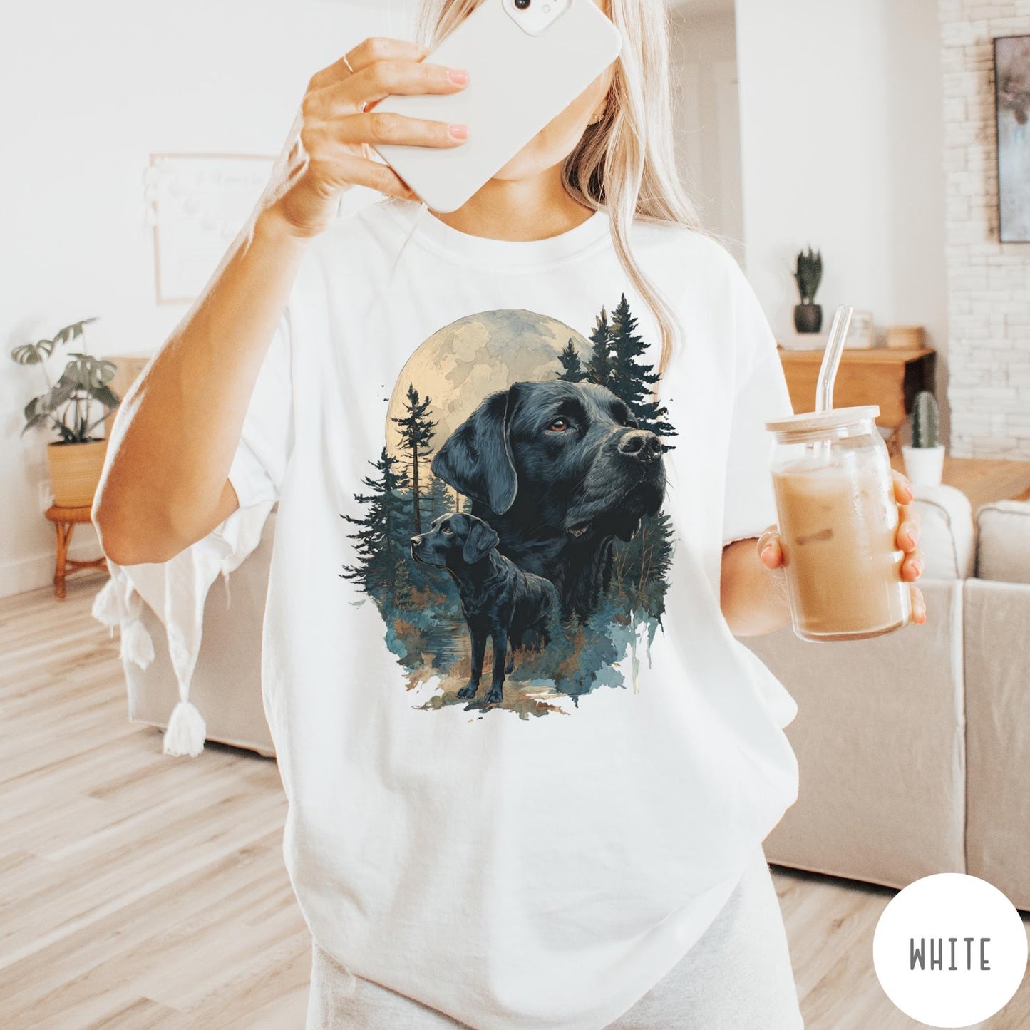 Comfort Colors tee in White featuring nature style graphic of black Labrador dogs in a forest moon scene