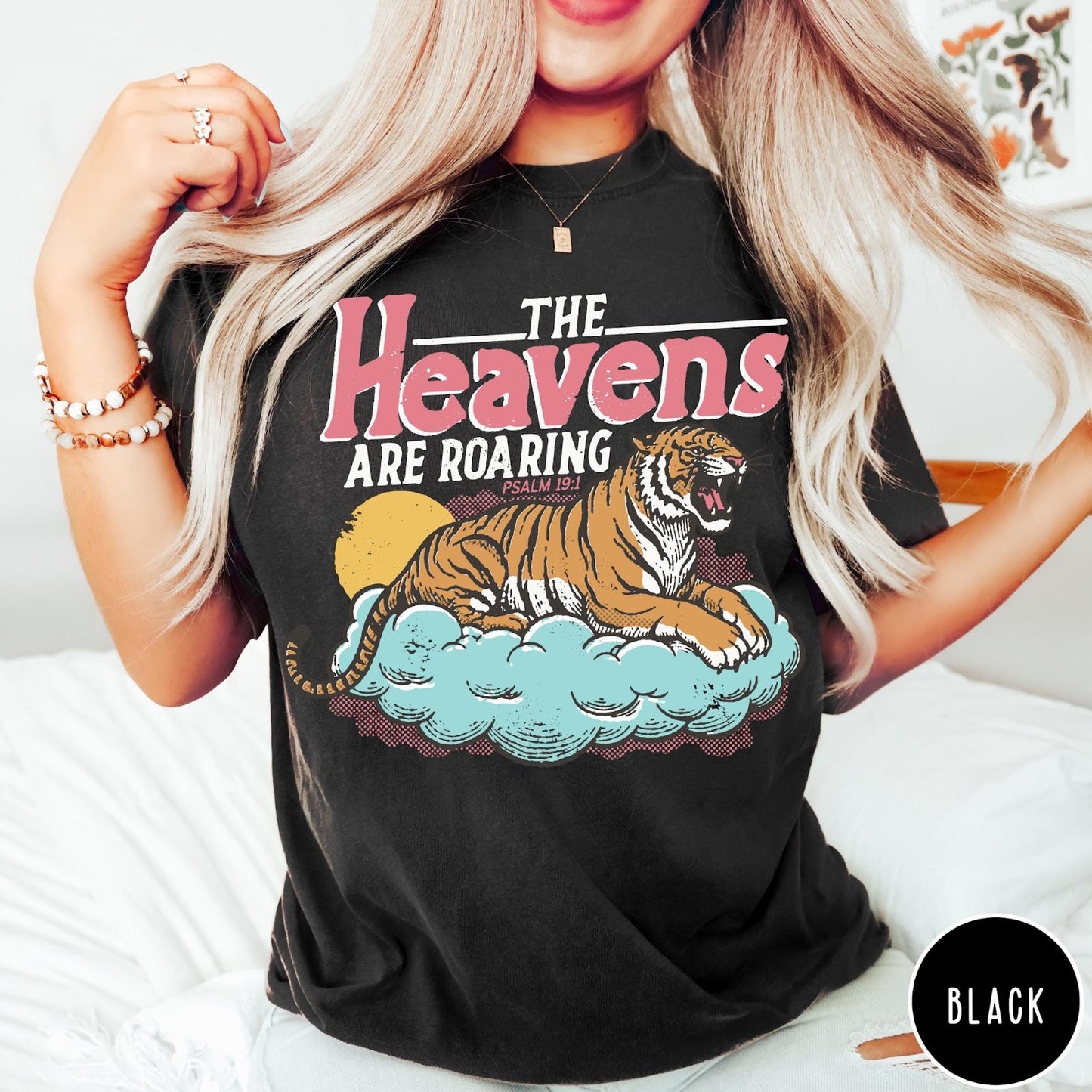 Comfort Colors tee in Black featuring vintage style graphic of a roaring tiger on a cloud