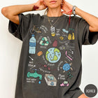 Comfort Colors tee in Pepper featuring environmental awareness graphic with icons for recycling, saving water, and nature.