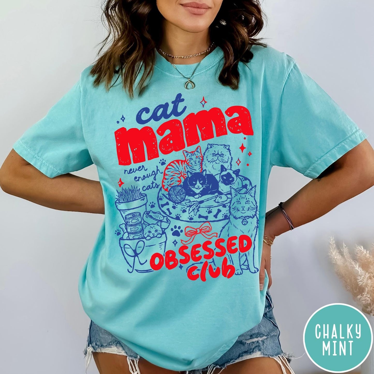 Comfort Colors tee in Chalky Mint featuring retro style graphic with cats, yarn, and cat mama club text