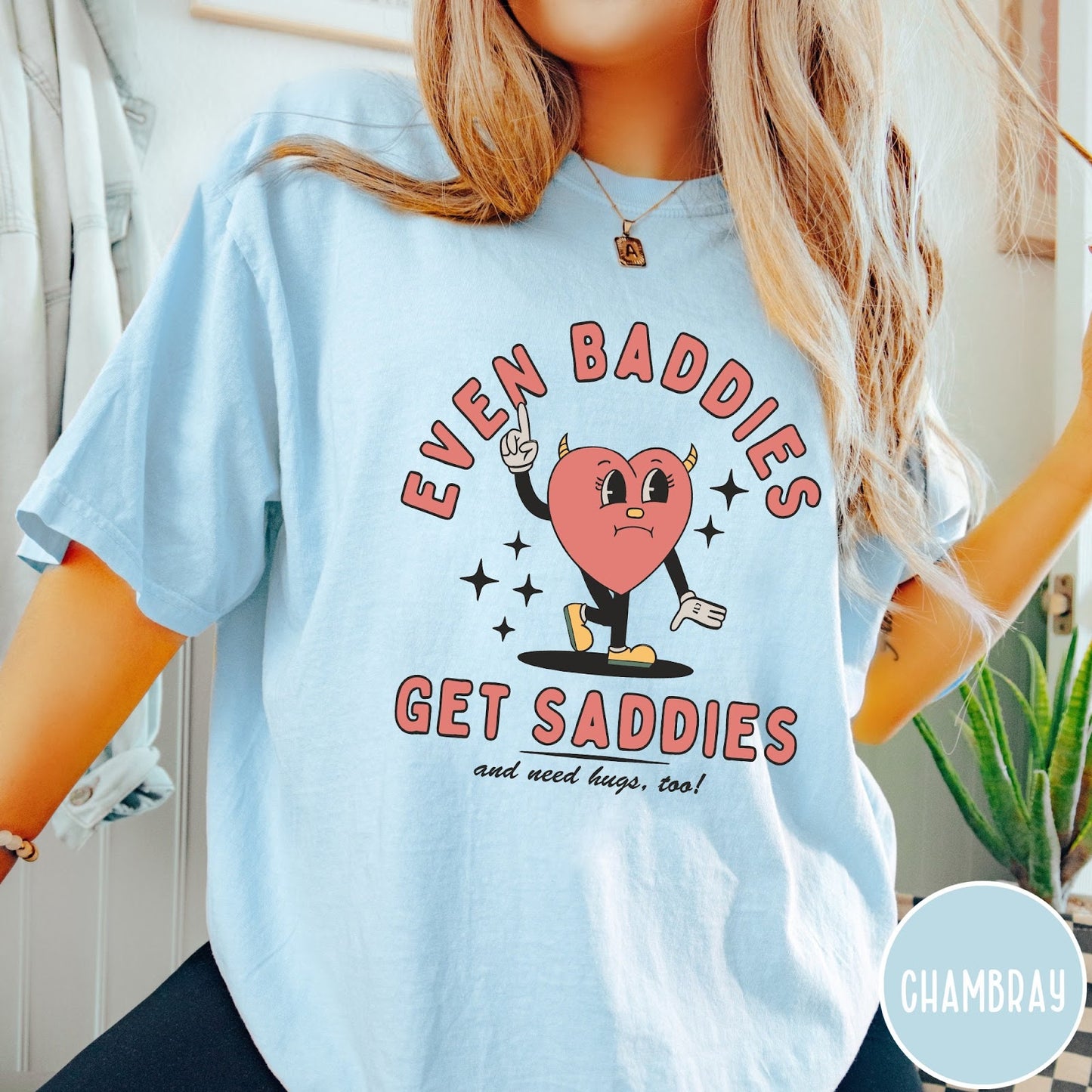 Comfort Colors tee in Chambray featuring retro style graphic of a sad heart character with devil horns