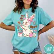Comfort Colors tee in Chalky Mint featuring cute Easter bunny graphic with paintbrush and painted Easter eggs.