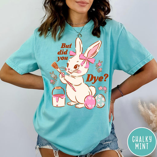 Comfort Colors tee in Chalky Mint featuring cute Easter bunny graphic with paintbrush and painted Easter eggs.