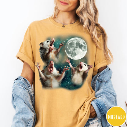 Comfort Colors tee in Mustard featuring vintage graphic style with three screaming possums reaching for the moon