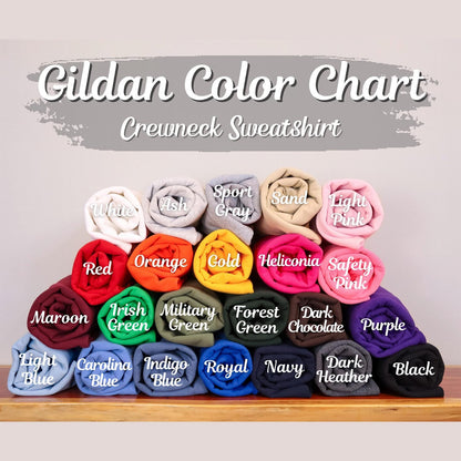Gildan crewneck sweatshirt color chart showing available garment colors in a stacked roll display