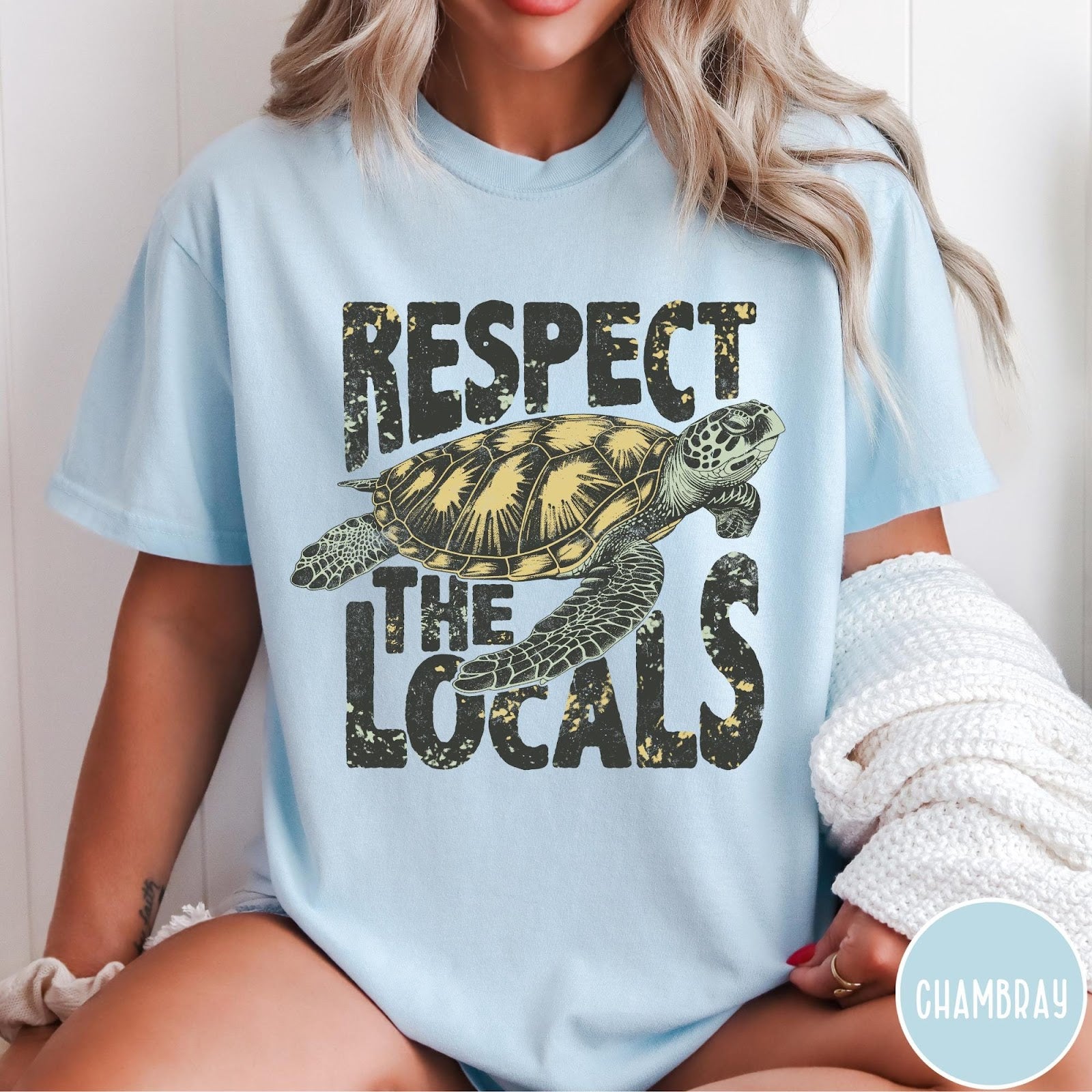 Comfort Colors tee in Chambray featuring vintage style sea turtle graphic with Respect the Locals text