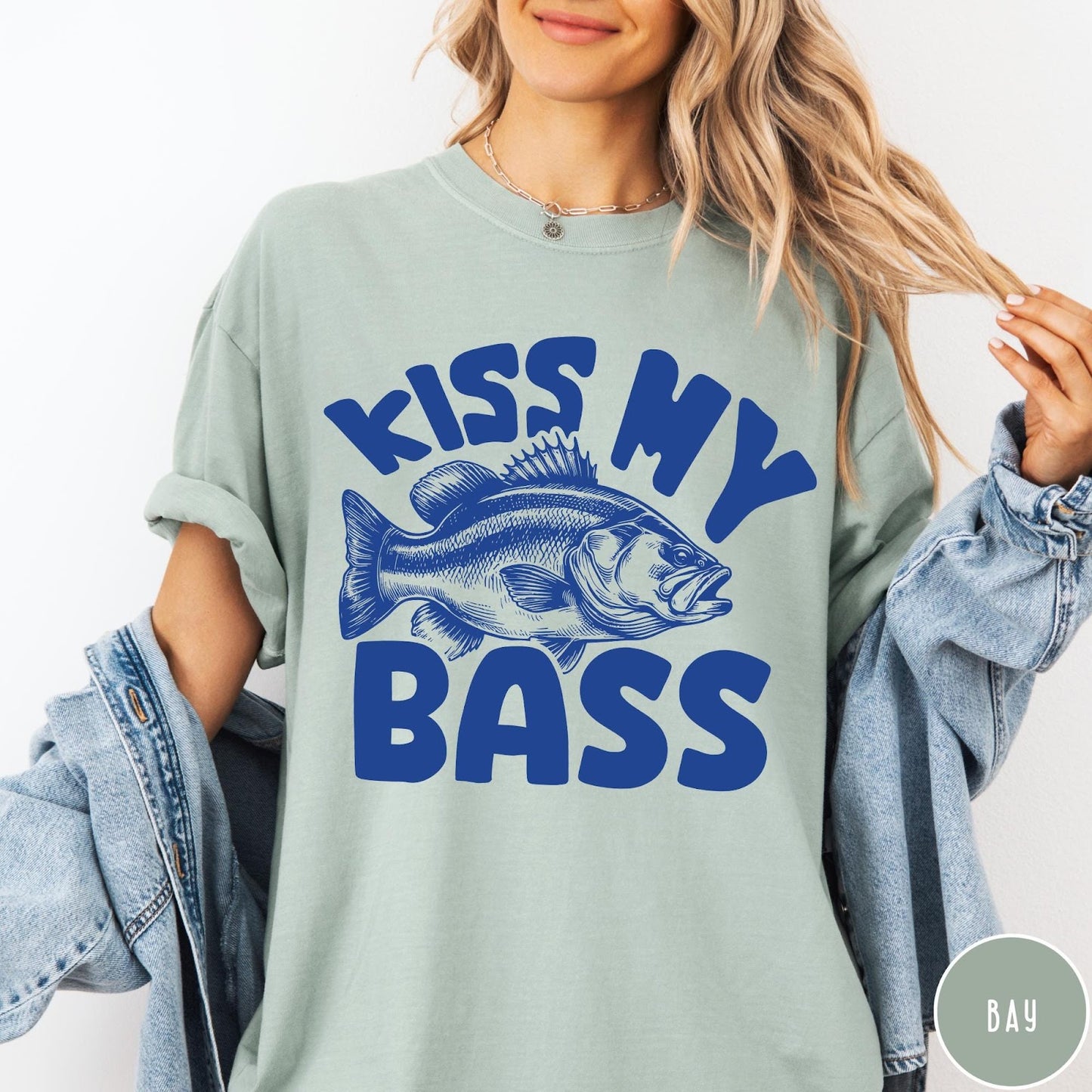 Comfort Colors tee in Bay featuring retro fishing style graphic with a bass fish and bold text