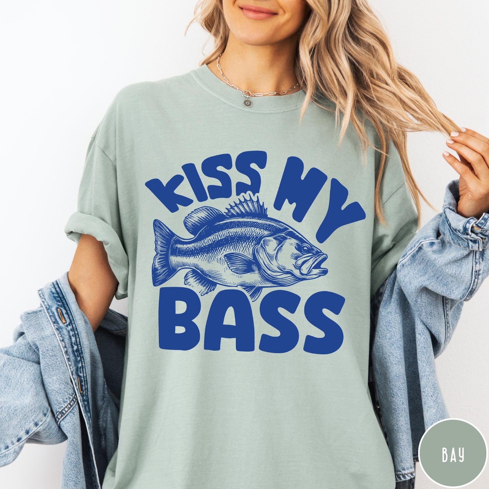 Comfort Colors tee in Bay featuring retro fishing style graphic with a bass fish and bold text