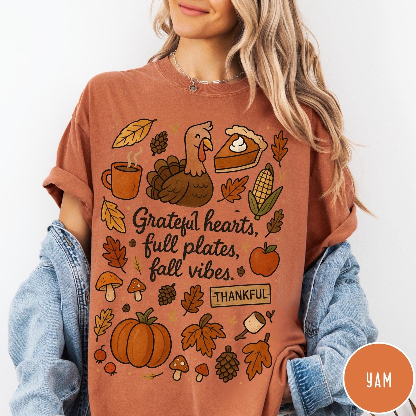 Comfort Colors tee in Yam featuring fall design style with turkey, pumpkin, pie, and autumn harvest elements