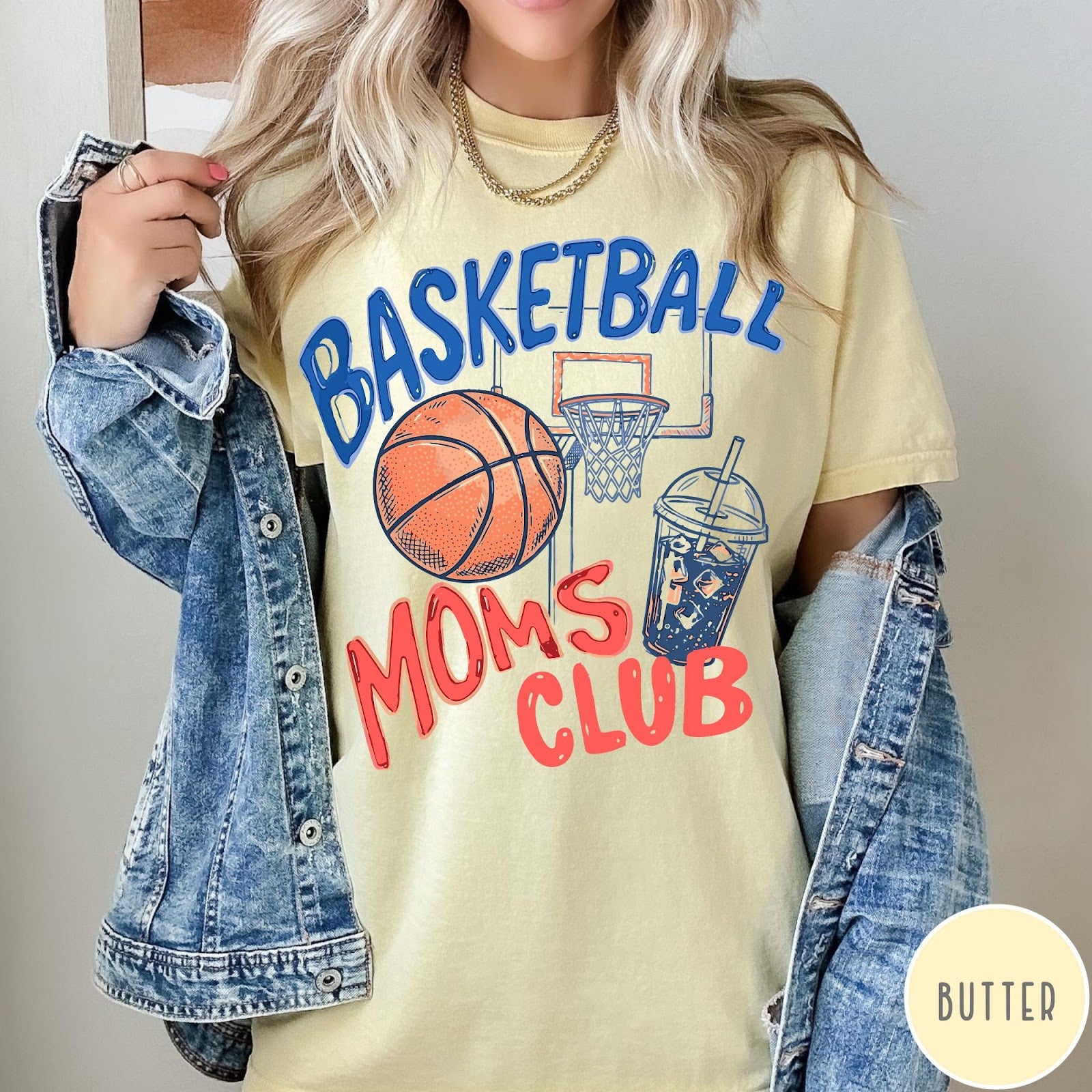 Comfort Colors tee in Butter featuring basketball mom life graphic with basketball, hoop, and iced coffee drink