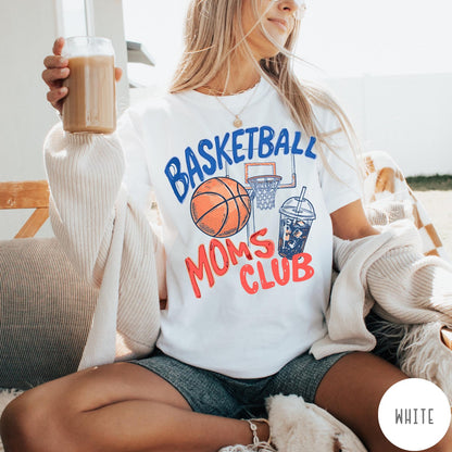 Comfort Colors tee in White featuring basketball mom life graphic with basketball, hoop, and iced coffee drink