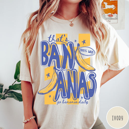 Comfort Colors tee in Ivory featuring retro style banana graphic with text that is bananas go bananas daily