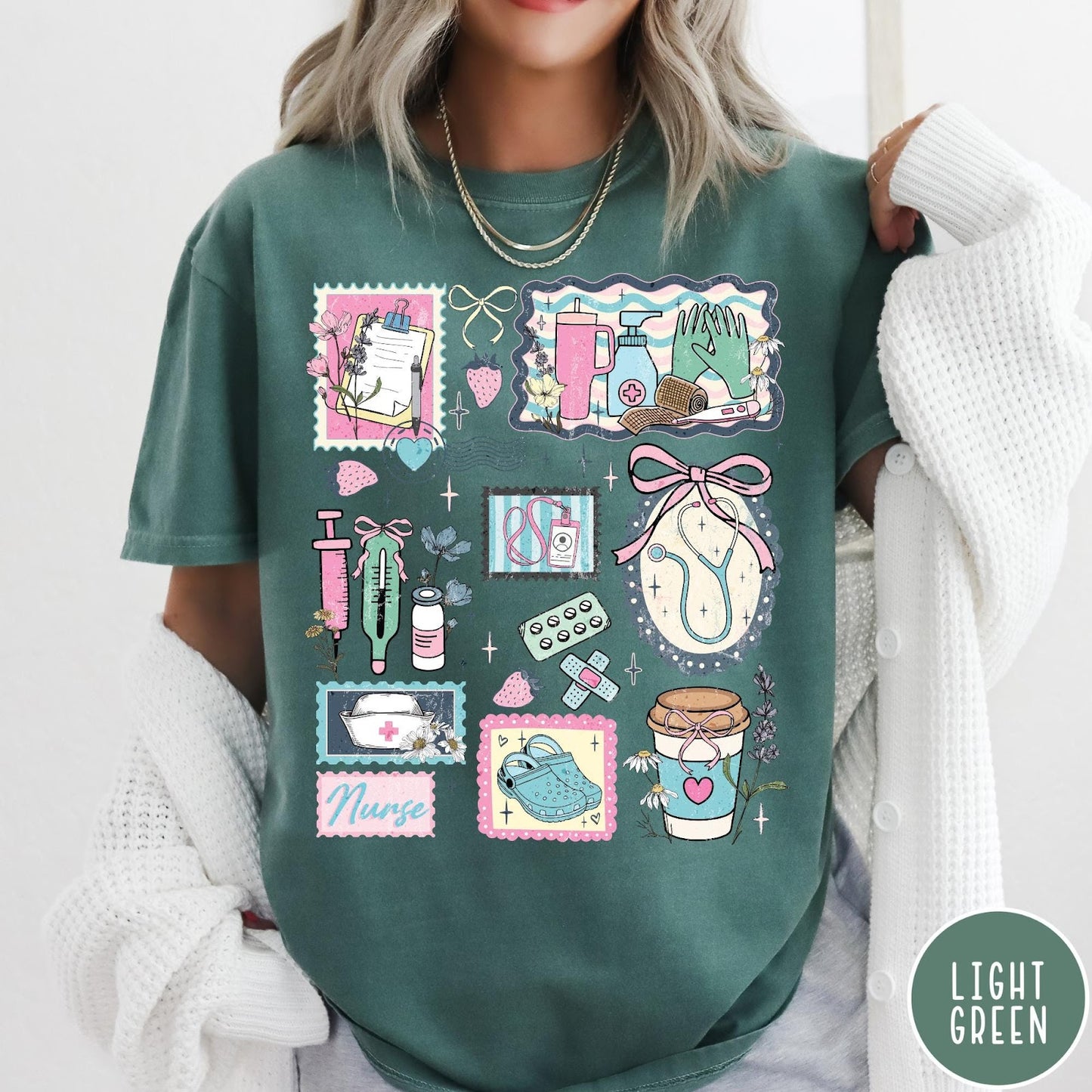 Comfort Colors tee in Light Green featuring nursing profession collage design with medical supplies and floral accents