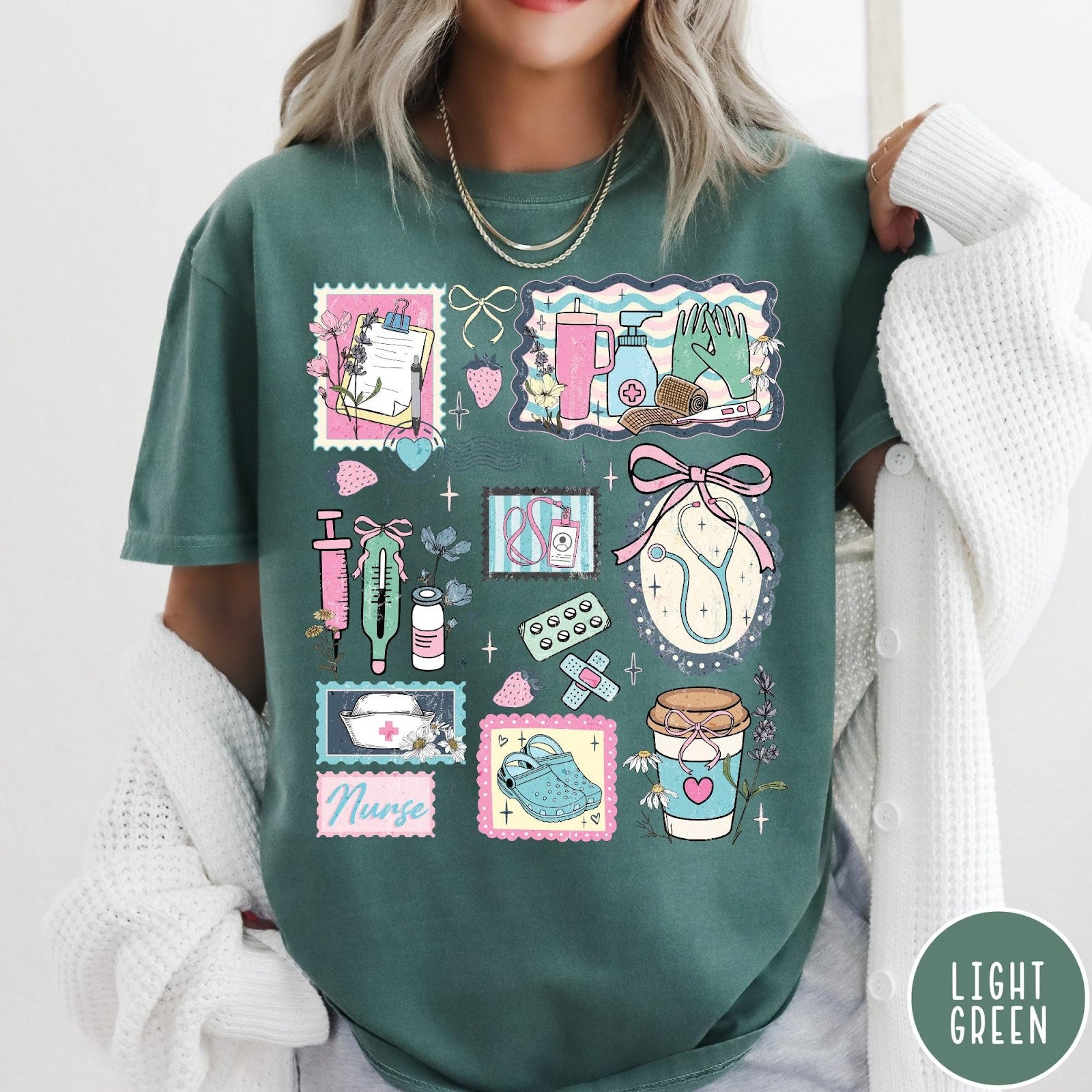 Comfort Colors tee in Light Green featuring nursing profession collage design with medical supplies and floral accents