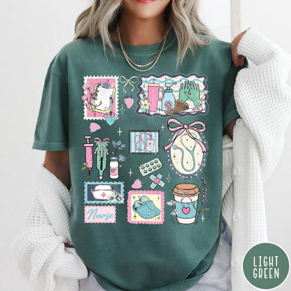 Comfort Colors tee in Light Green featuring nursing profession collage design with medical supplies and floral accents