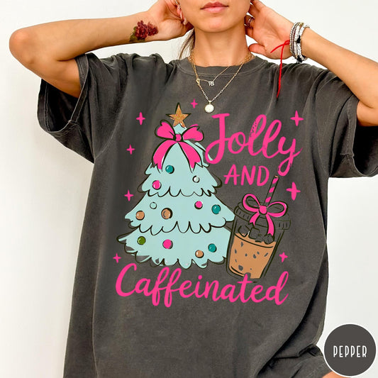 Comfort Colors tee in Pepper featuring festive holiday style with a Christmas tree and iced coffee graphic