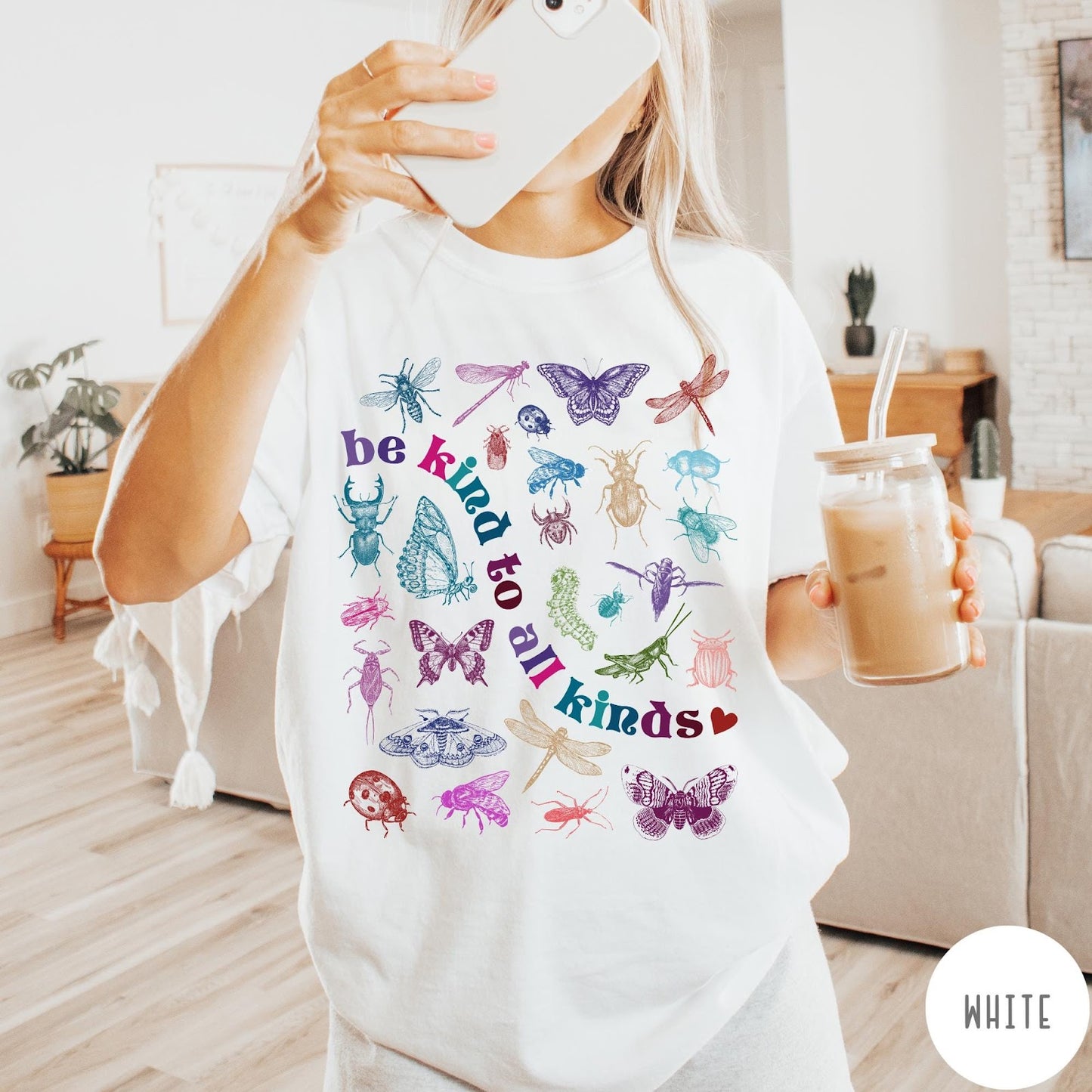 Comfort Colors tee in White featuring insect and butterfly graphic with text be kind to all kinds