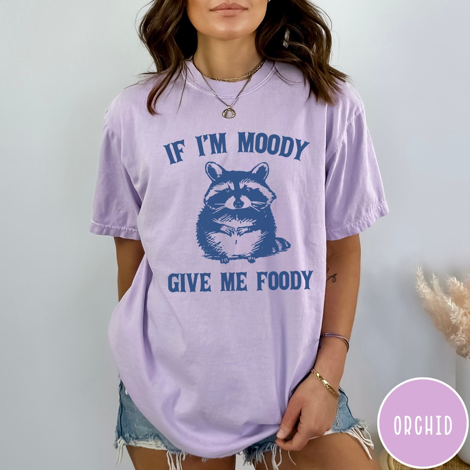 Comfort Colors tee in Orchid featuring vintage style graphic of a raccoon with text If I'm Moody Give Me Foody