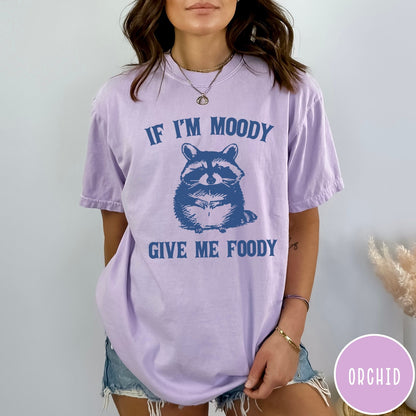 Comfort Colors tee in Orchid featuring vintage style graphic of a raccoon with text If I'm Moody Give Me Foody