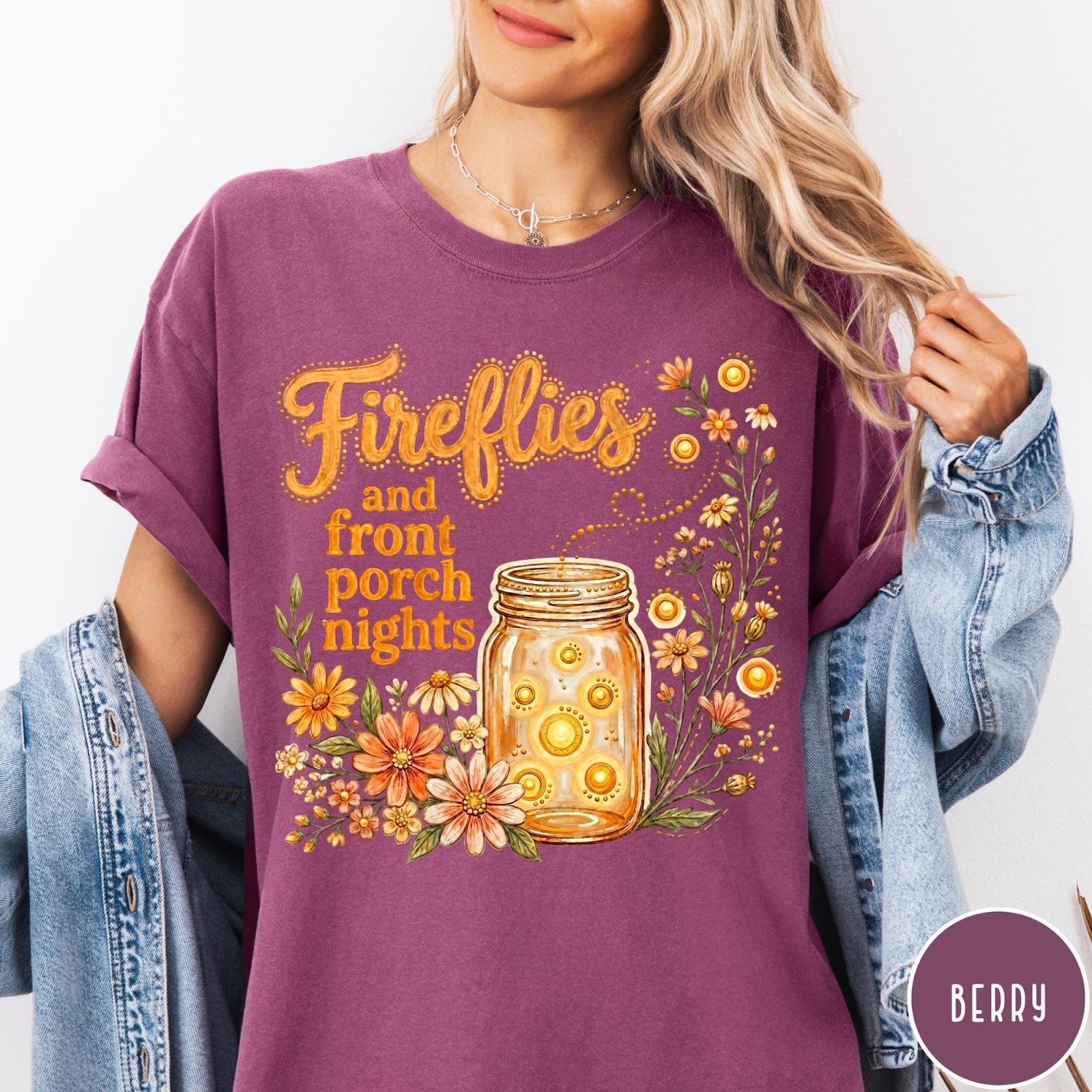 Comfort Colors tee in Berry featuring rustic style graphic of fireflies in a mason jar with wildflowers