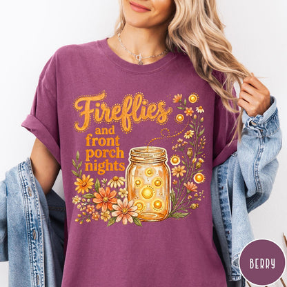 Comfort Colors tee in Berry featuring rustic style graphic of fireflies in a mason jar with wildflowers