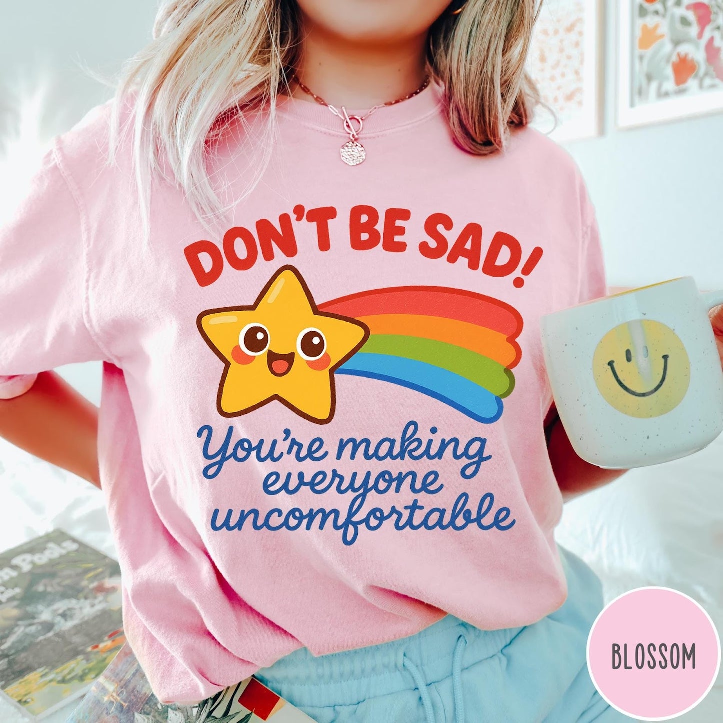 Comfort Colors tee in Blossom featuring cute shooting star graphic with Don't Be Sad text