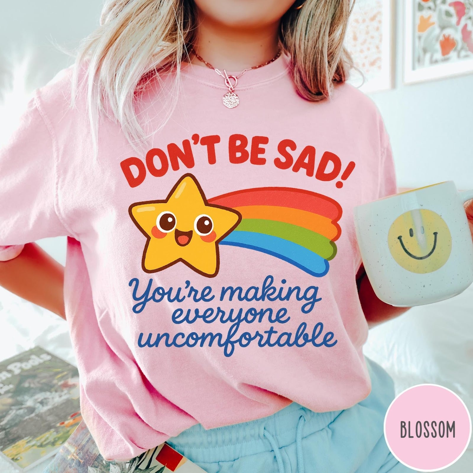 Comfort Colors tee in Blossom featuring cute shooting star graphic with Don't Be Sad text