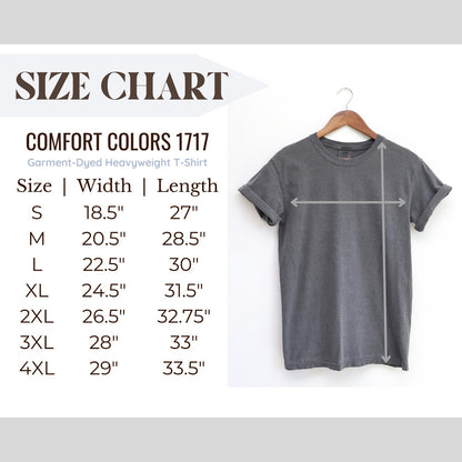 Comfort Colors tee size chart showing width and length measurements for sizes S through 4XL
