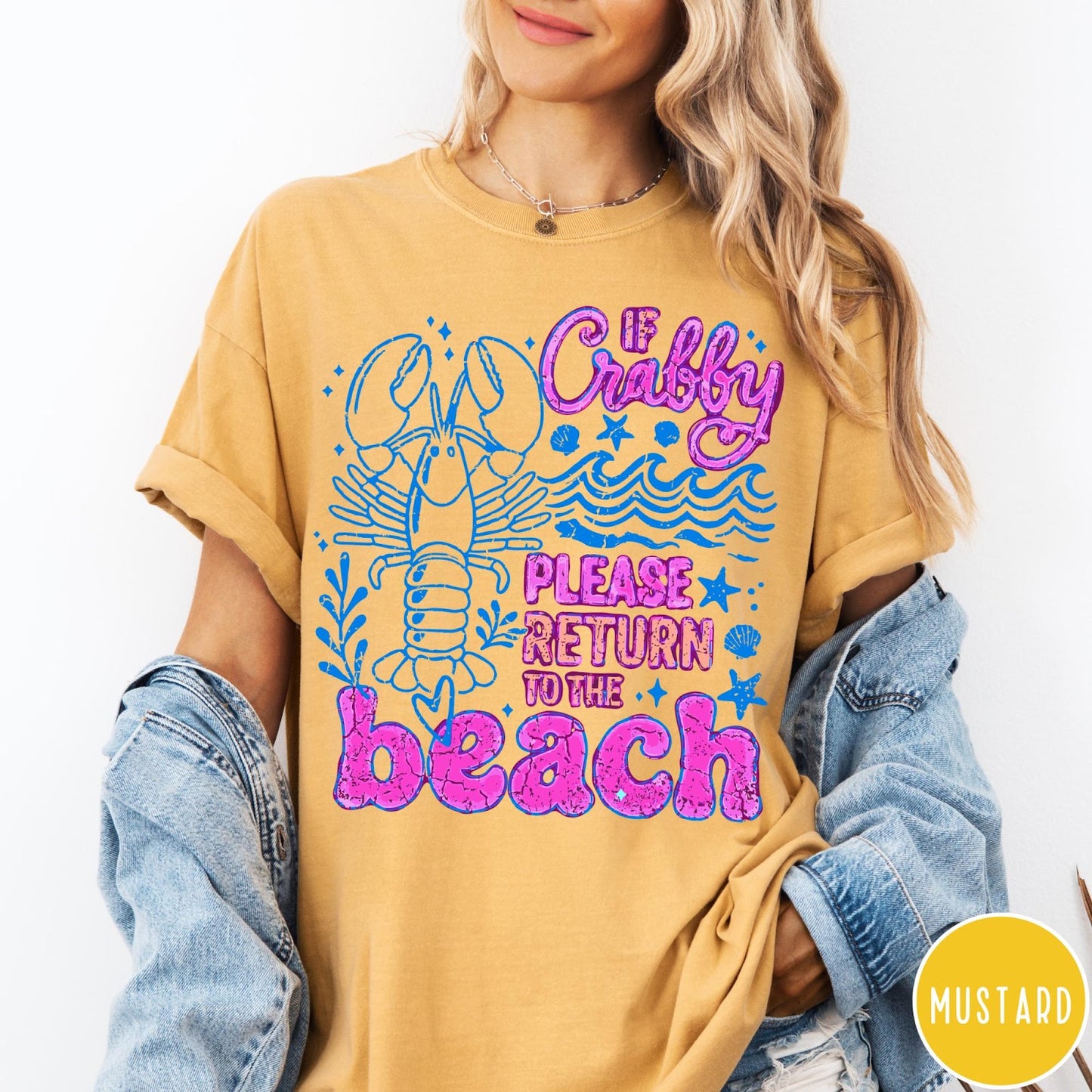 Comfort Colors tee in Mustard featuring beach style graphic with lobster and If Crabby text
