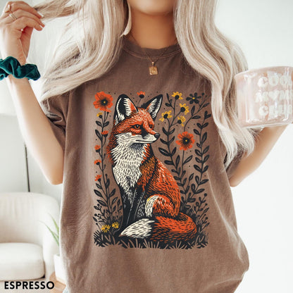 Comfort Colors tee in Espresso featuring vintage style graphic of a sitting fox surrounded by orange flowers