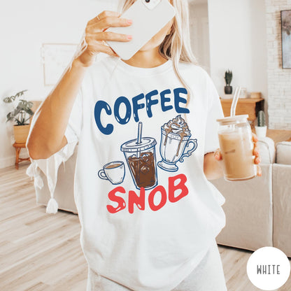 Comfort Colors tee in White featuring illustrated coffee graphic with iced coffee, hot coffee, and whipped cream.