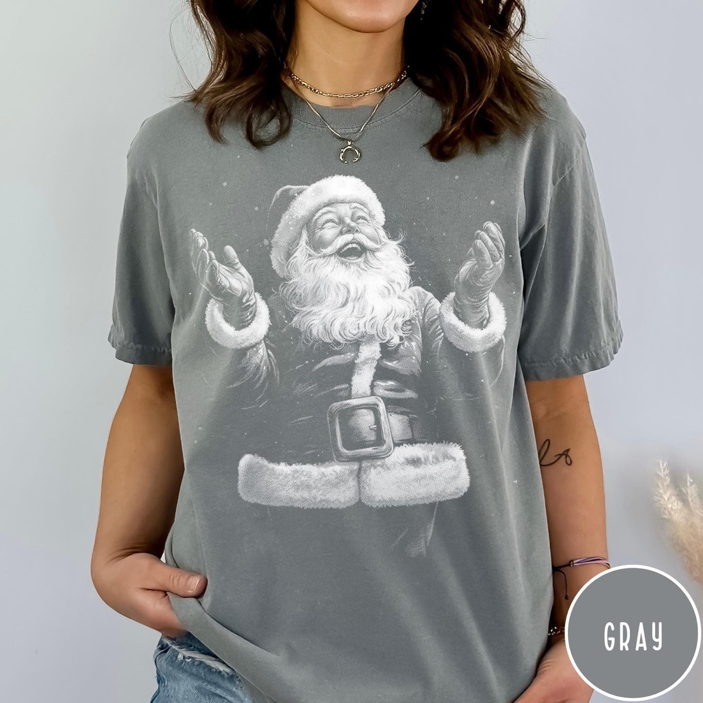 Comfort Colors tee in Gray featuring vintage style graphic of a laughing Santa Claus with open arms