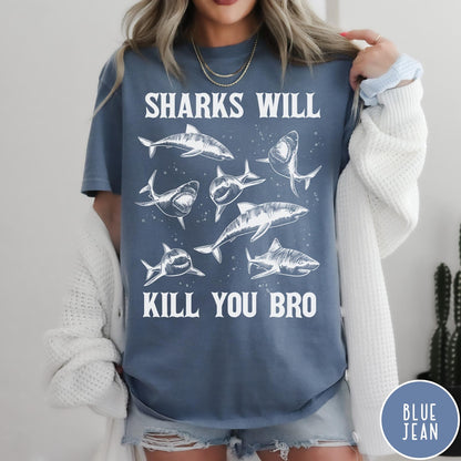 Comfort Colors tee in Blue Jean featuring illustrative style graphic of multiple sharks and text Sharks Will Kill You