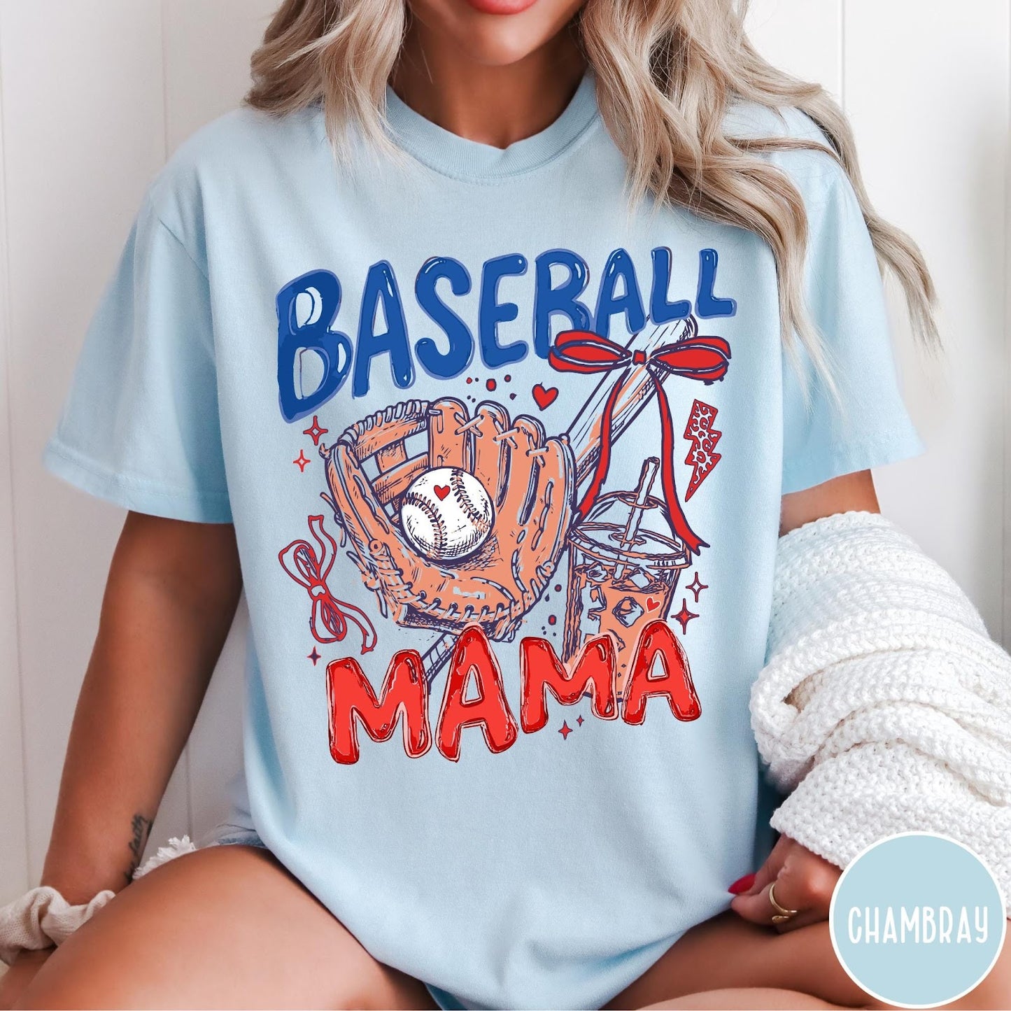 Comfort Colors tee in Chambray featuring baseball design with glove, ball, iced coffee, and red bow graphic