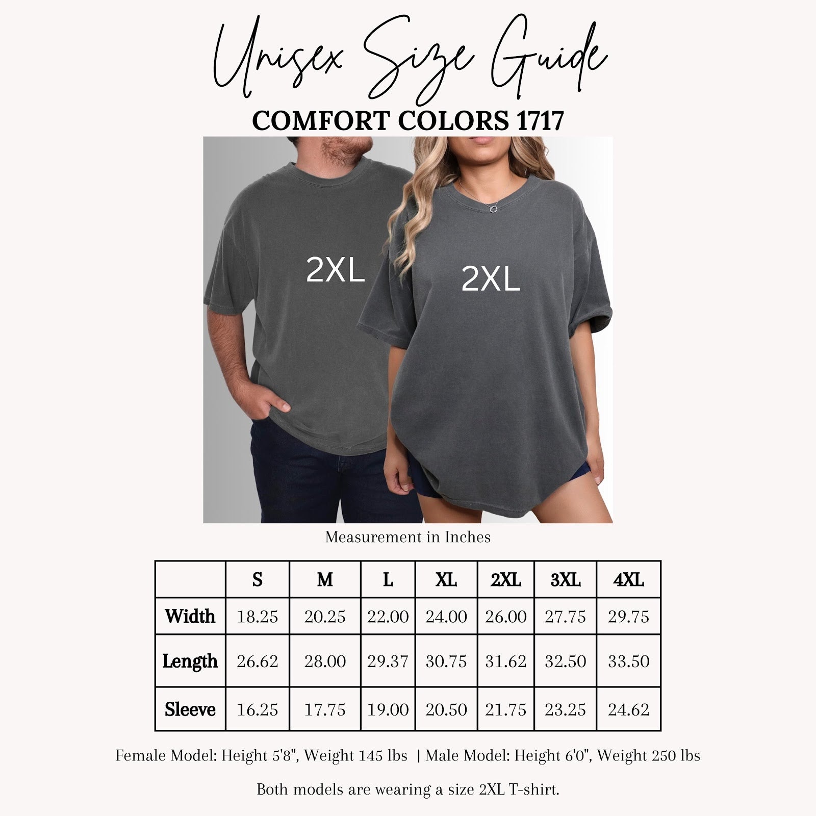 Comfort Colors tee size chart showing width, length, and sleeve measurements for sizes S through 4XL