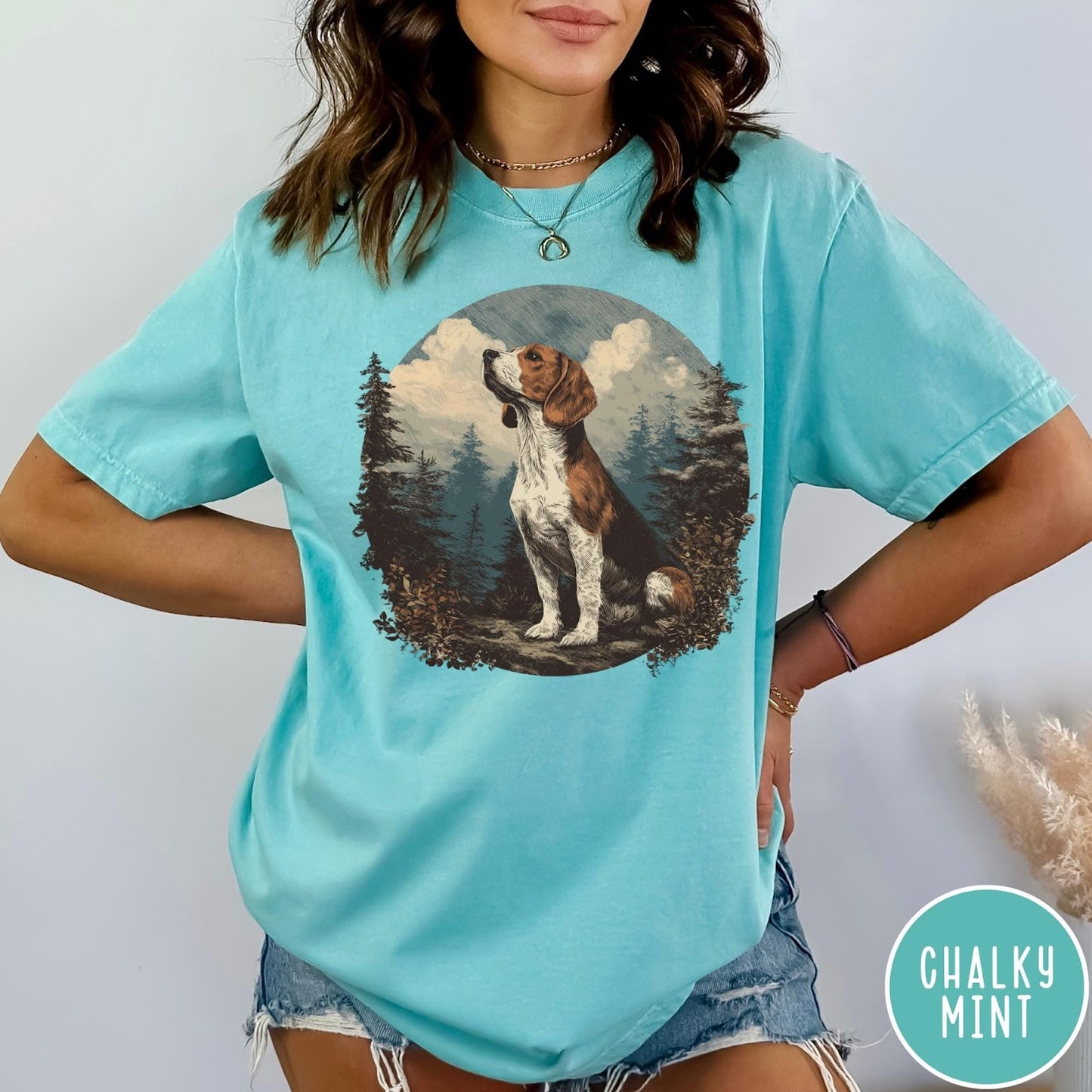 Comfort Colors tee in Chalky Mint featuring vintage style graphic of a beagle sitting in a forest