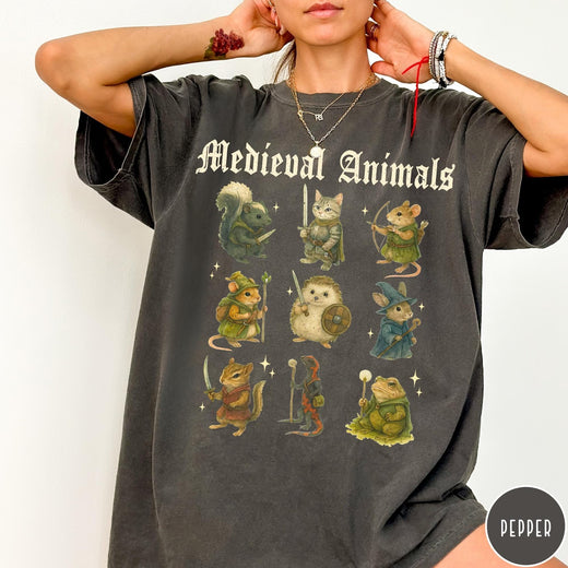 Comfort Colors tee in Pepper featuring medieval fantasy style graphic of nine various animals in knightly attire