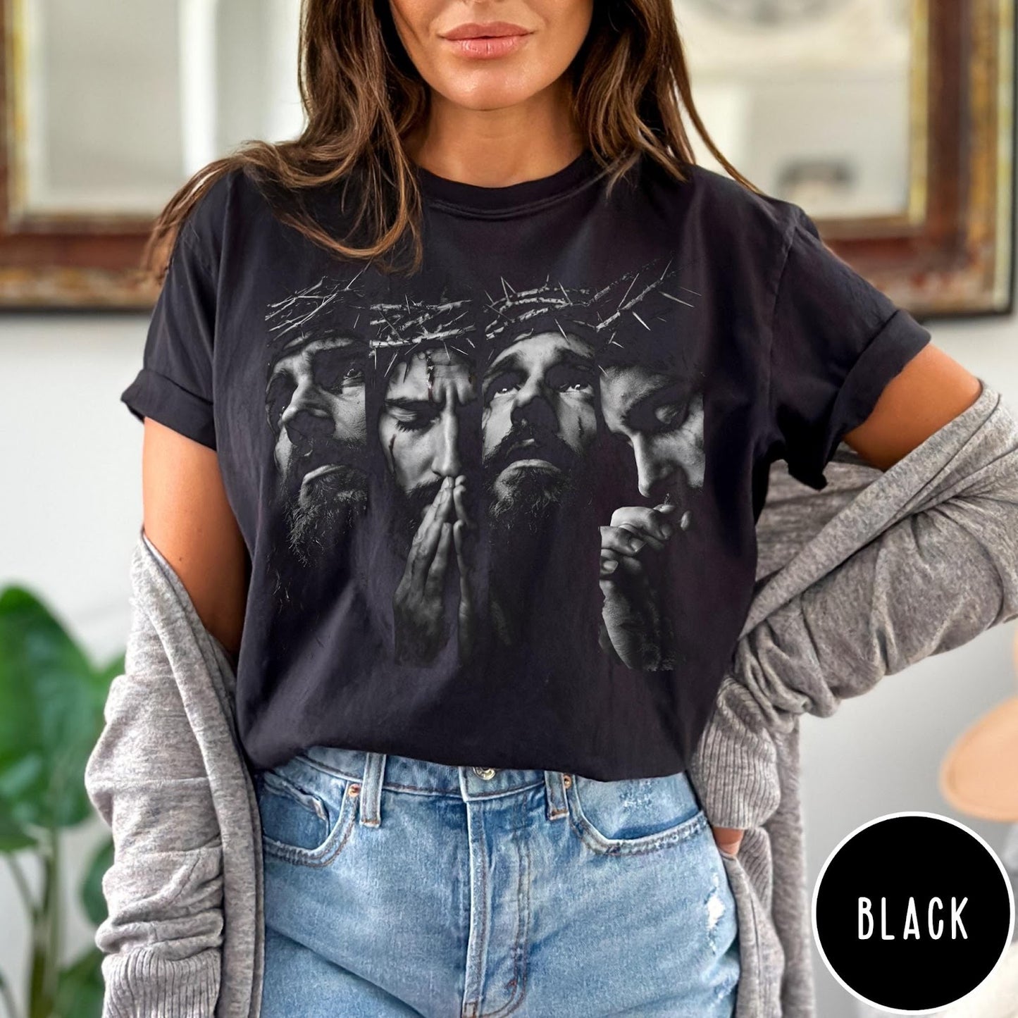Comfort Colors tee in black featuring a detailed portrait graphic of Jesus in a crown of thorns