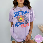 Comfort Colors tee in Orchid featuring softball mom life graphic with baseball glove, ball, and iced coffee