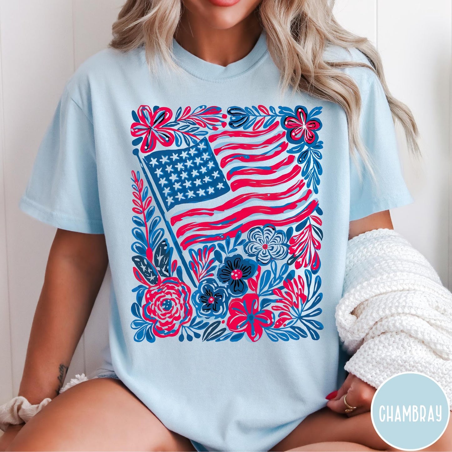 Comfort Colors tee in Chambray featuring boho style American flag and floral graphic design