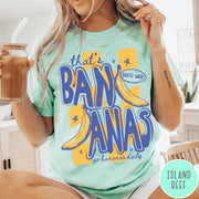 Comfort Colors tee in Island Reef featuring retro style banana graphic with text that is bananas go bananas daily