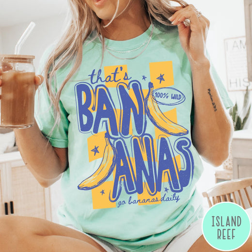 Comfort Colors tee in Island Reef featuring retro style banana graphic with text that is bananas go bananas daily