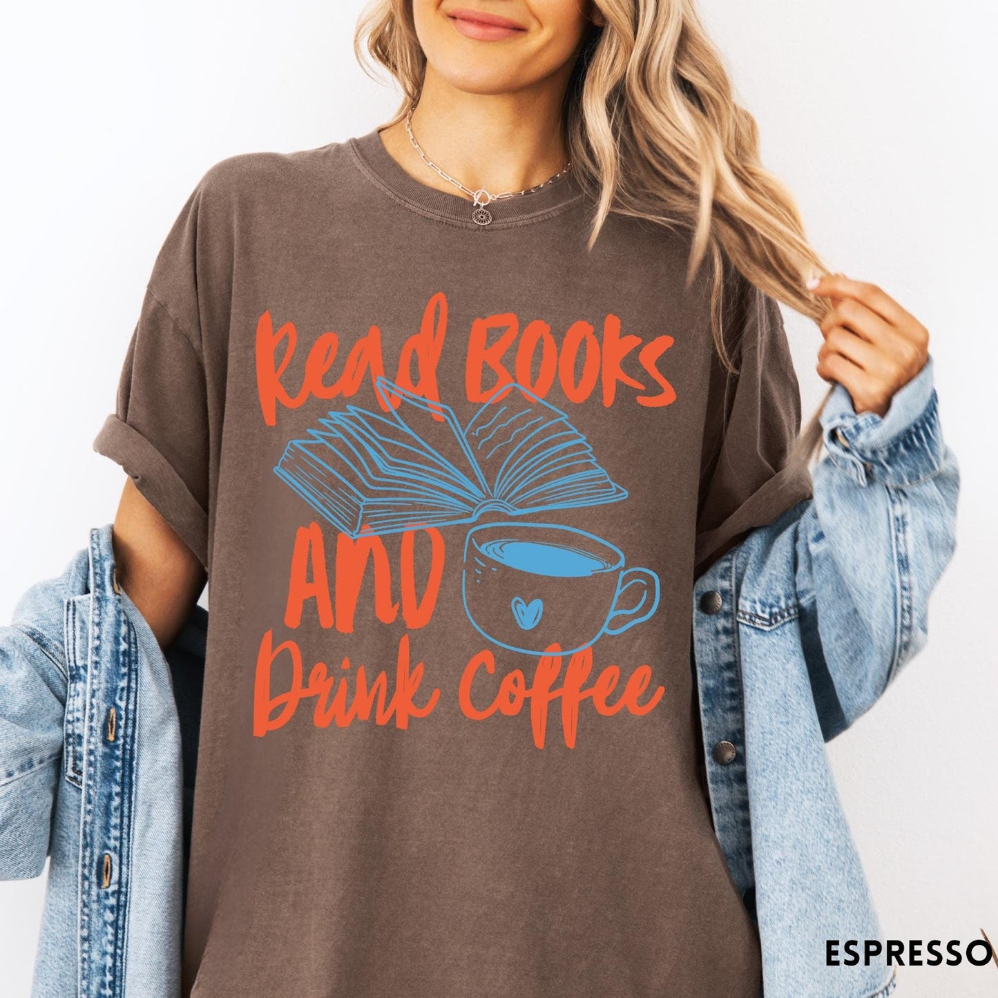 Comfort Colors tee in Espresso featuring books and coffee graphic design with open book and coffee cup