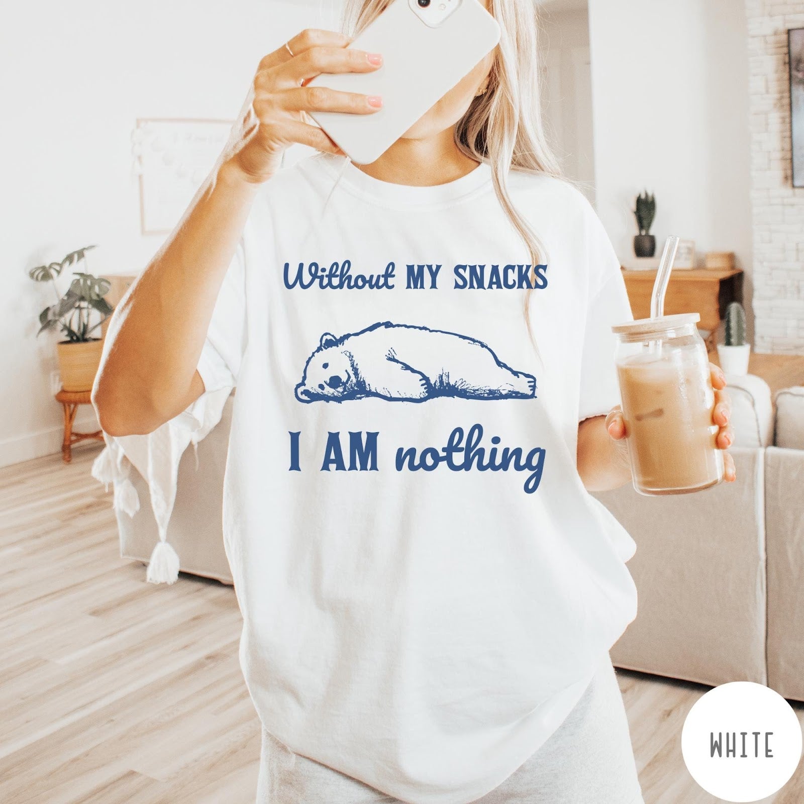 Comfort Colors tee in White featuring illustrated bear graphic with text Without My Snacks I Am Nothing