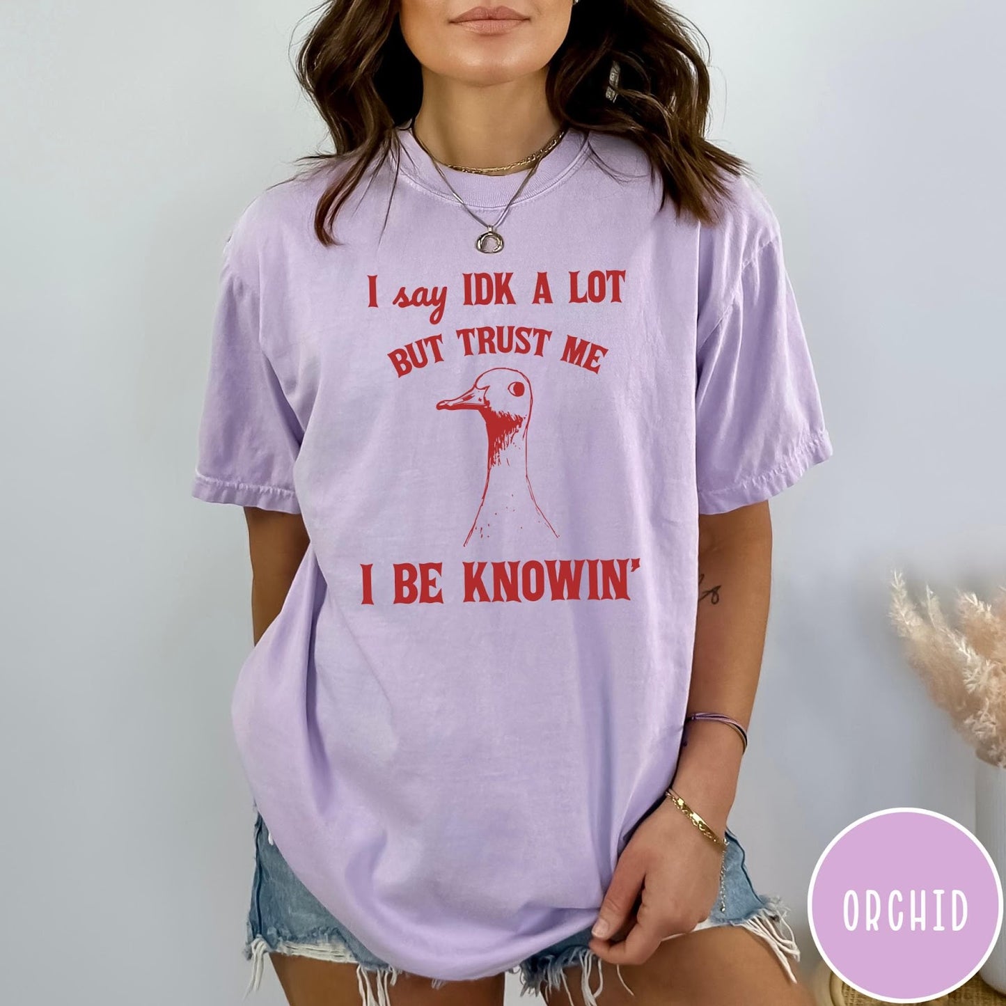 Comfort Colors tee in Orchid featuring screen printed duck graphic and I Say Idk text design